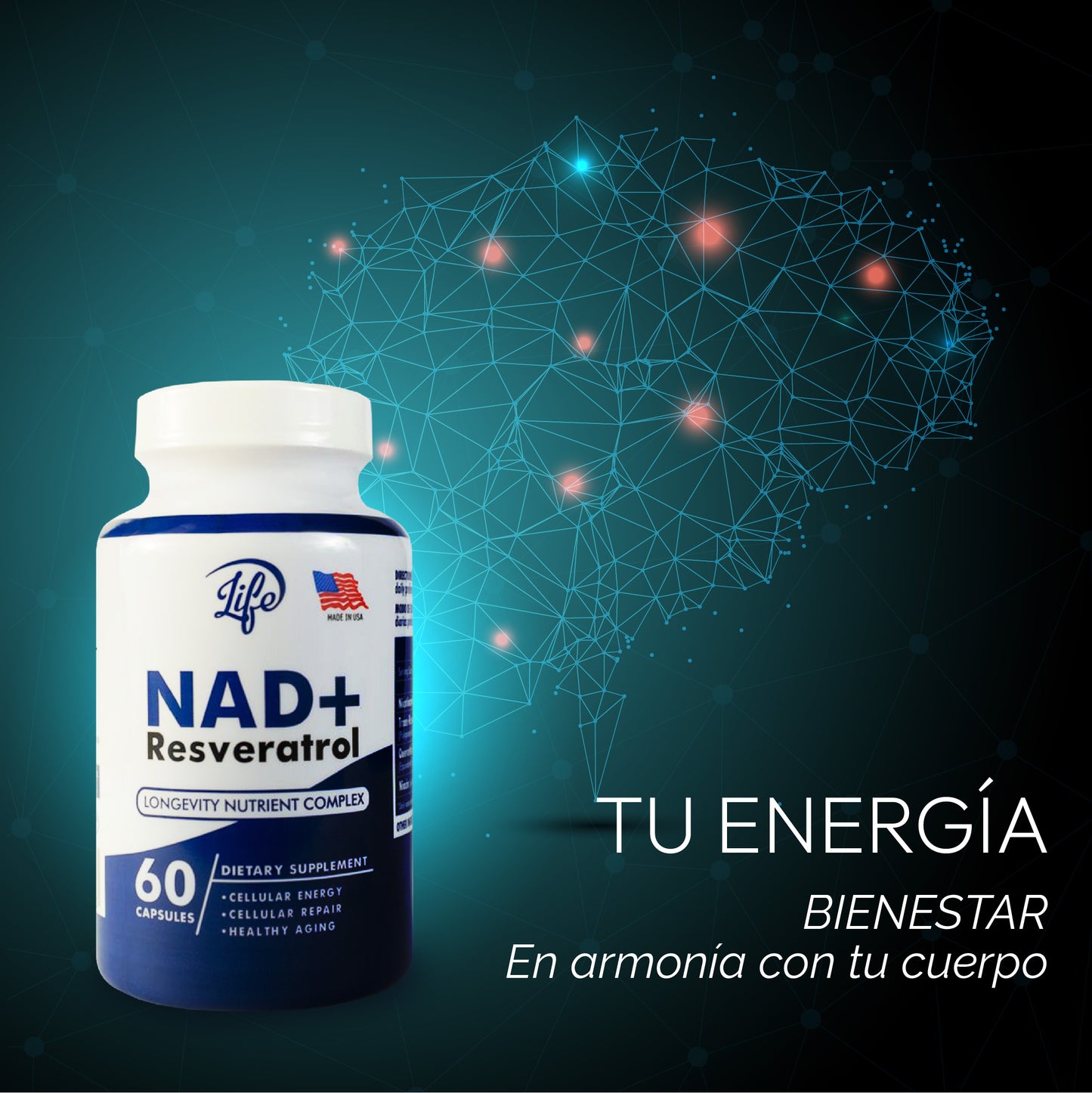 NAD+ Resveratrol | Suplemento Antienvejecimiento ⚡ Energía, Longevidad y Protección Celular