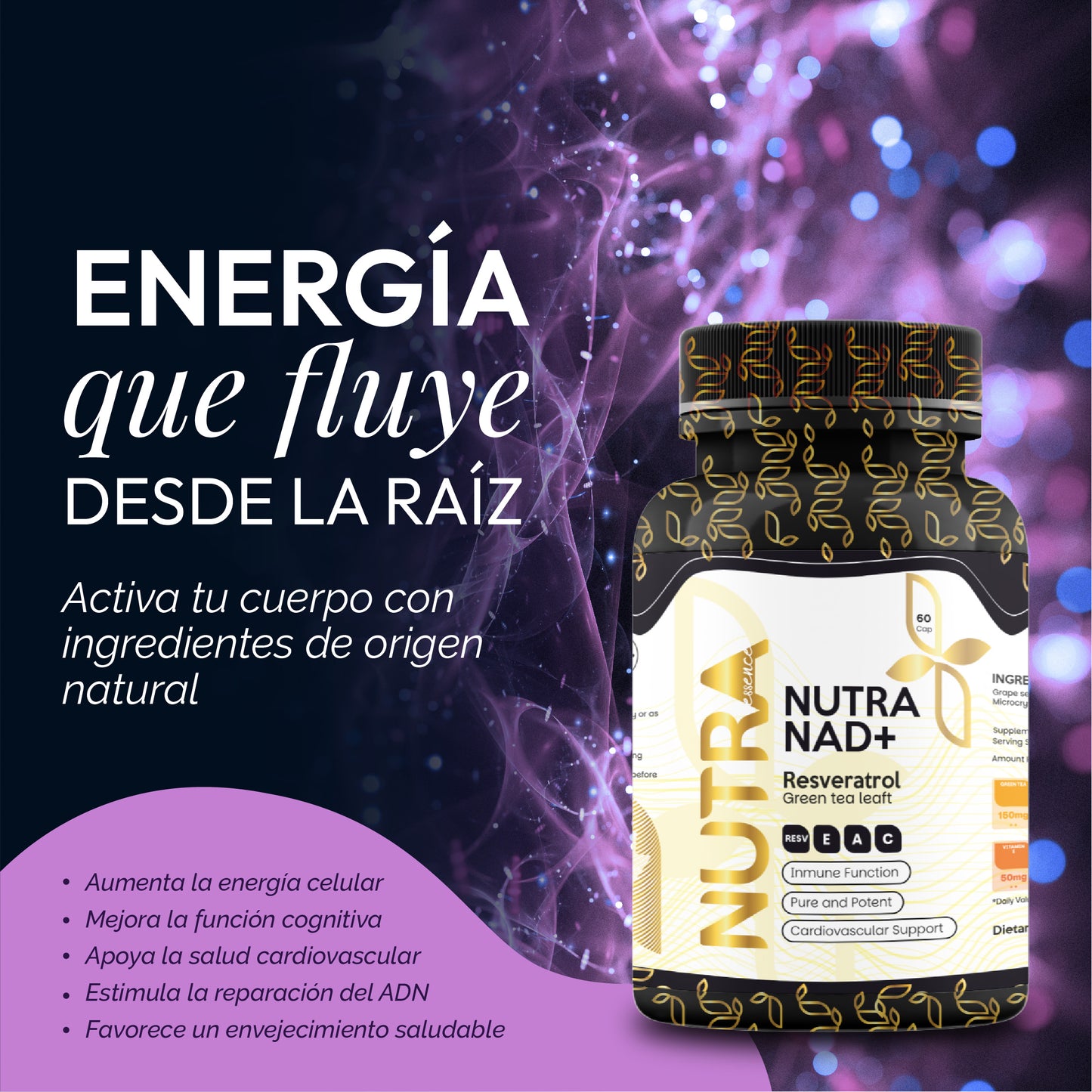 Nutra NAD+ | Energía Celular, Cognición y Antiaging | Resveratrol y Té Verde | 60 Cápsulas