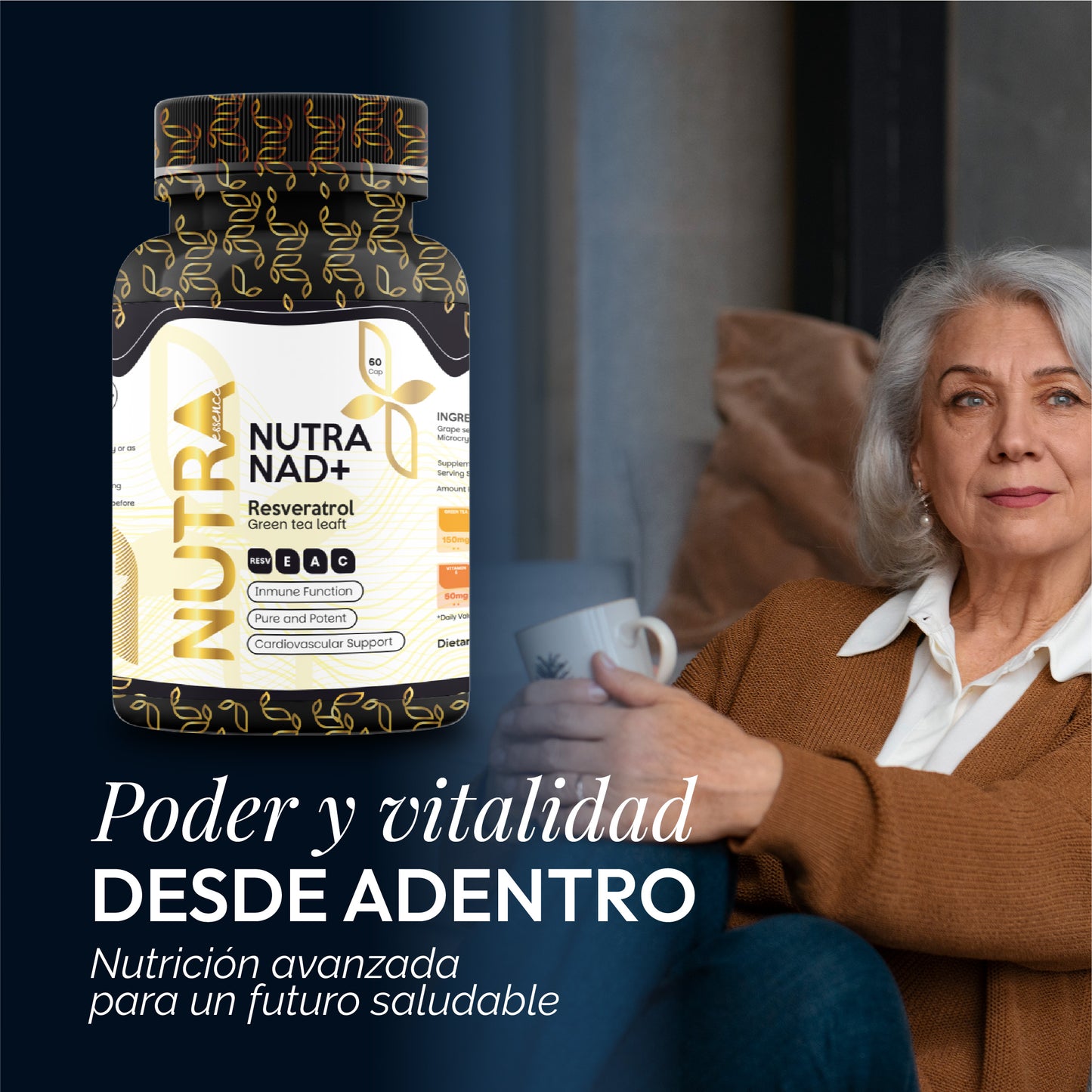 Nutra NAD+ | Energía Celular, Cognición y Antiaging | Resveratrol y Té Verde | 60 Cápsulas